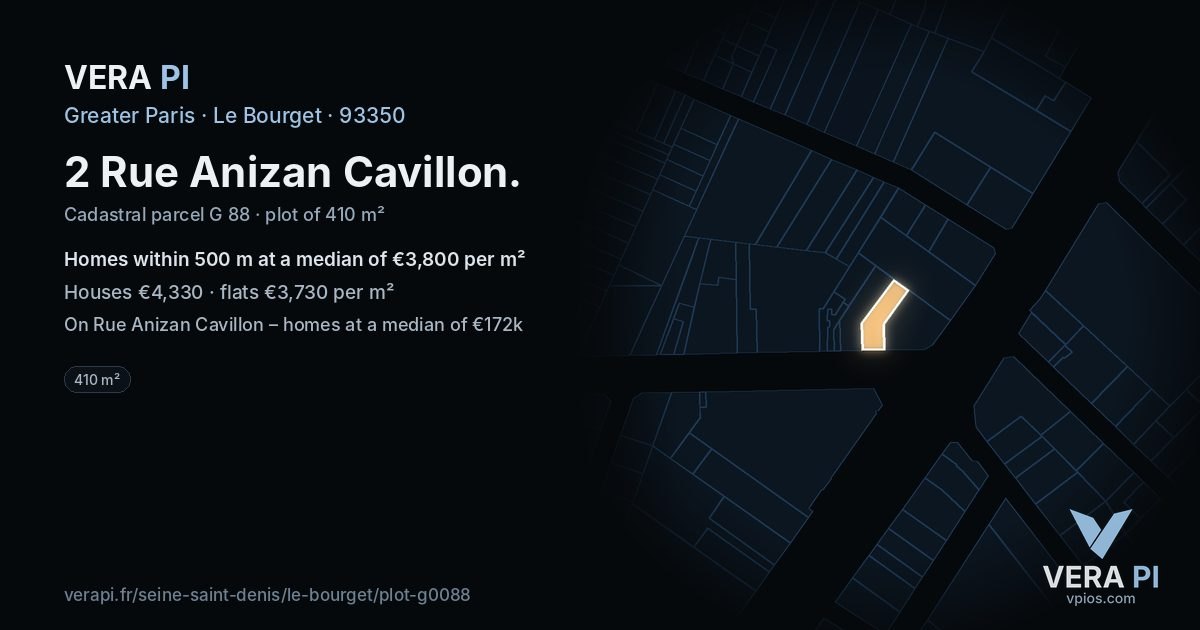 2 Rue Anizan Cavillon, Le Bourget at night – the plot lit, the parcels around coloured by the prices near them