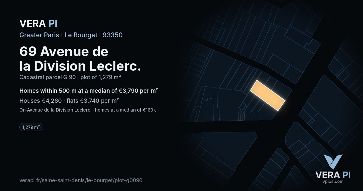 69 Avenue de la Division Leclerc, Le Bourget at night – the plot lit, the parcels around coloured by the prices near them