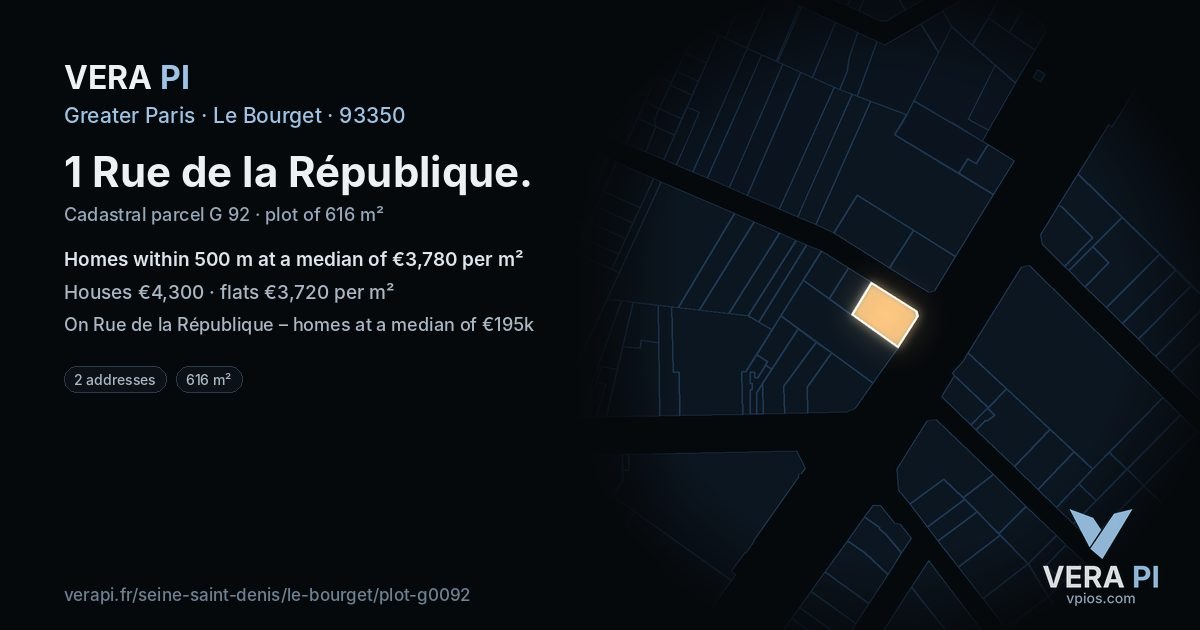 1 Rue de la République, Le Bourget at night – the plot lit, the parcels around coloured by the prices near them