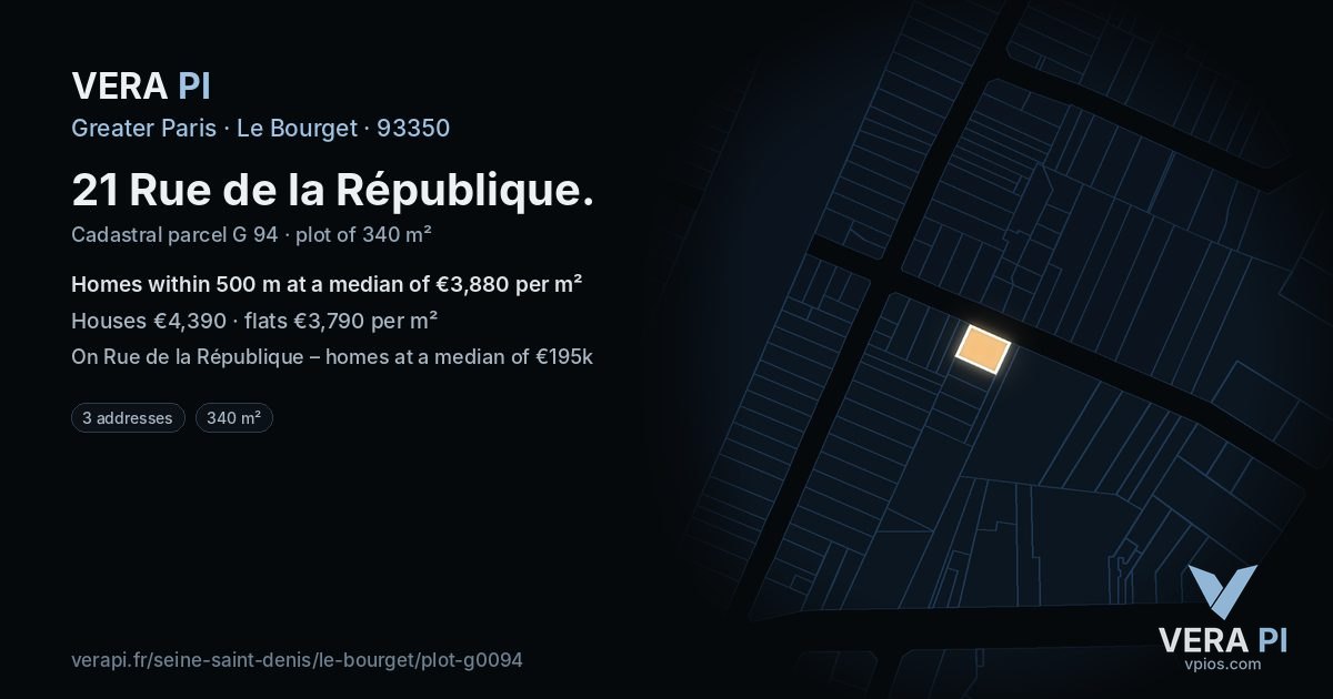 21 Rue de la République, Le Bourget at night – the plot lit, the parcels around coloured by the prices near them