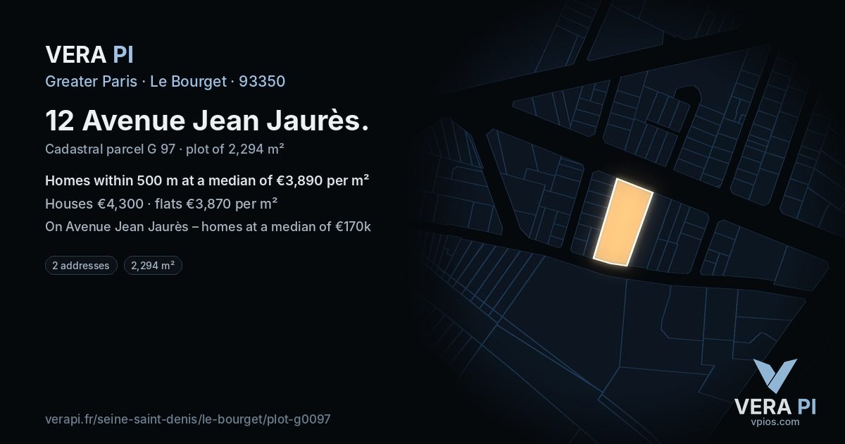 12 Avenue Jean Jaurès, Le Bourget at night – the plot lit, the parcels around coloured by the prices near them