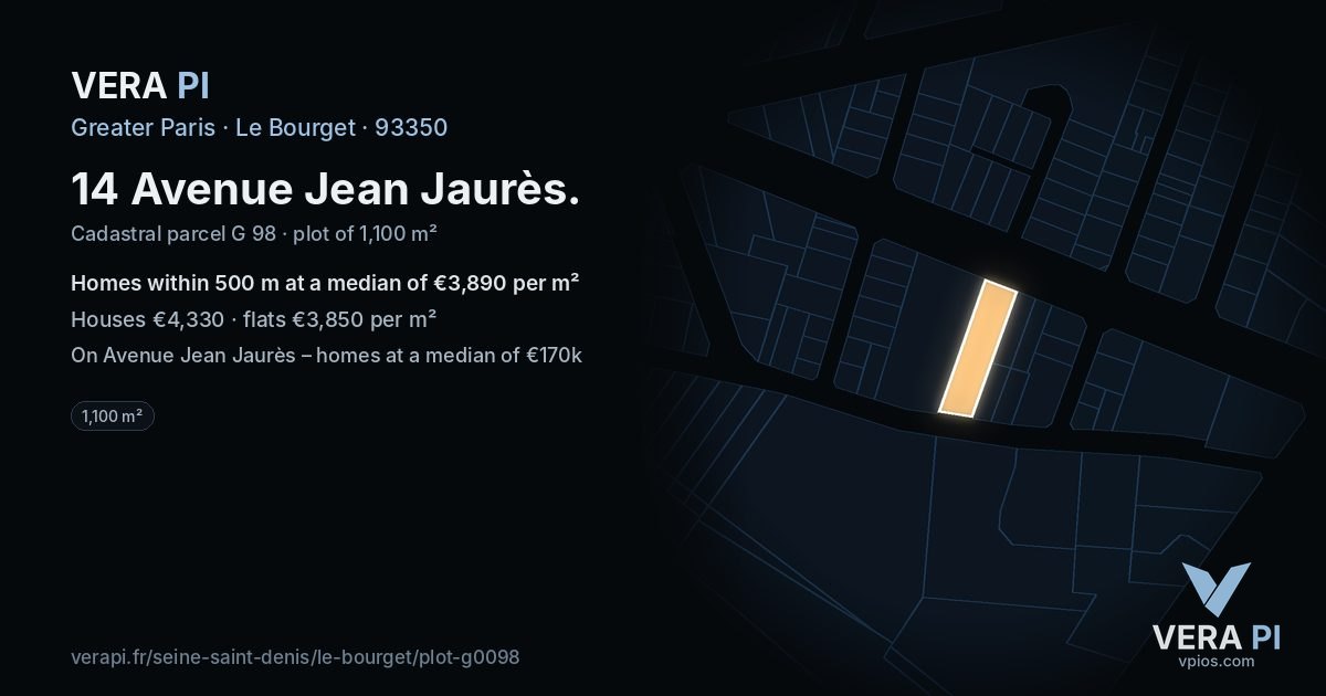 14 Avenue Jean Jaurès, Le Bourget at night – the plot lit, the parcels around coloured by the prices near them