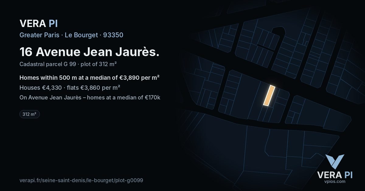 16 Avenue Jean Jaurès, Le Bourget at night – the plot lit, the parcels around coloured by the prices near them