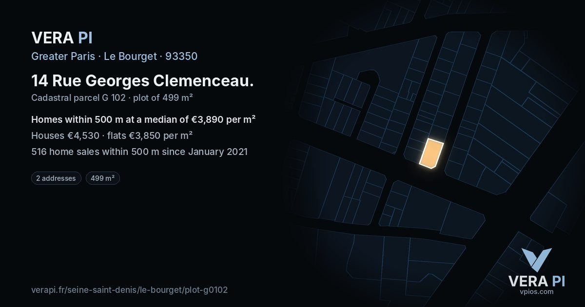 14 Rue Georges Clemenceau, Le Bourget at night – the plot lit, the parcels around coloured by the prices near them