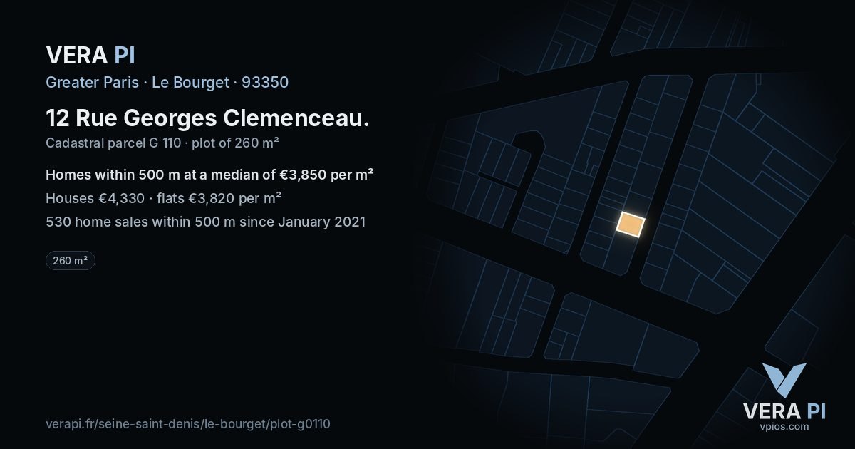 12 Rue Georges Clemenceau, Le Bourget at night – the plot lit, the parcels around coloured by the prices near them