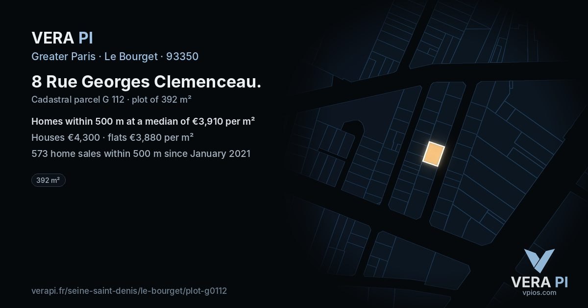 8 Rue Georges Clemenceau, Le Bourget at night – the plot lit, the parcels around coloured by the prices near them