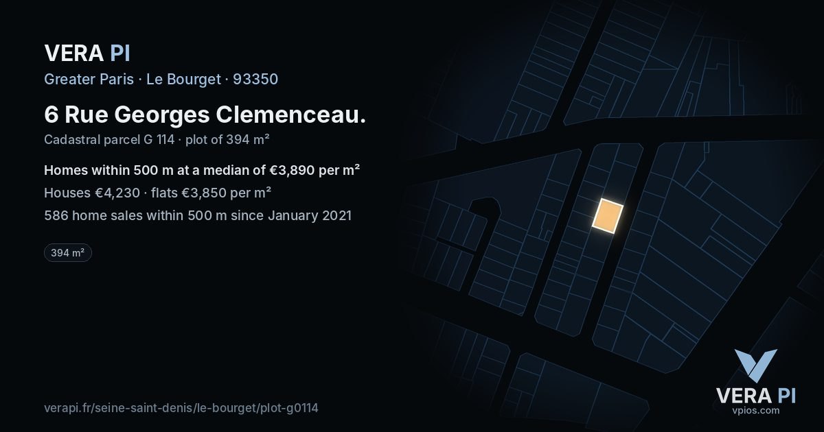 6 Rue Georges Clemenceau, Le Bourget at night – the plot lit, the parcels around coloured by the prices near them