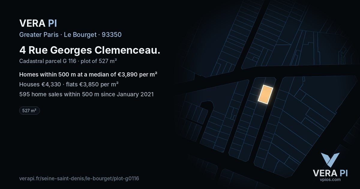 4 Rue Georges Clemenceau, Le Bourget at night – the plot lit, the parcels around coloured by the prices near them