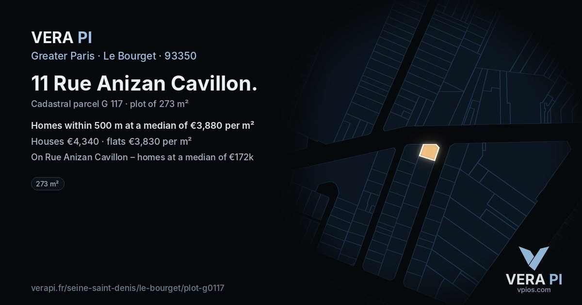 11 Rue Anizan Cavillon, Le Bourget at night – the plot lit, the parcels around coloured by the prices near them