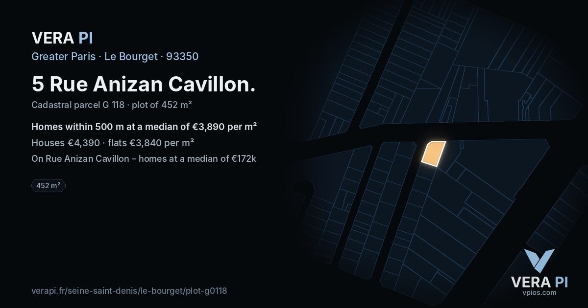 5 Rue Anizan Cavillon, Le Bourget at night – the plot lit, the parcels around coloured by the prices near them