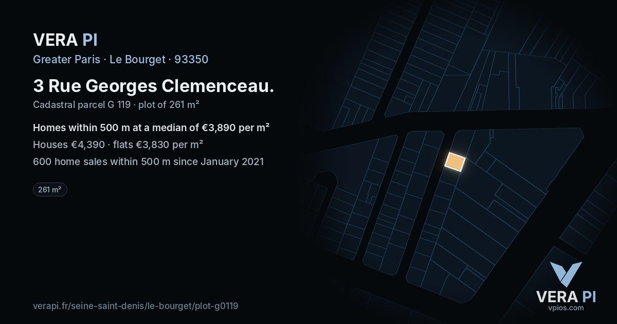 3 Rue Georges Clemenceau, Le Bourget at night – the plot lit, the parcels around coloured by the prices near them
