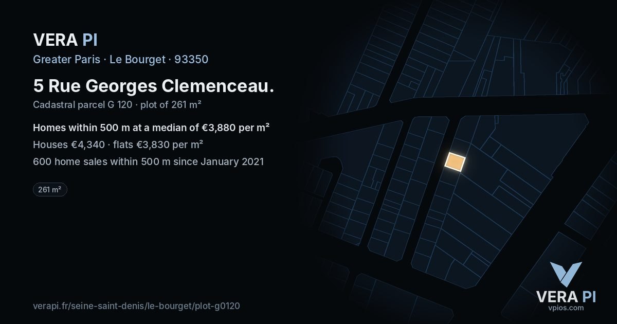 5 Rue Georges Clemenceau, Le Bourget at night – the plot lit, the parcels around coloured by the prices near them