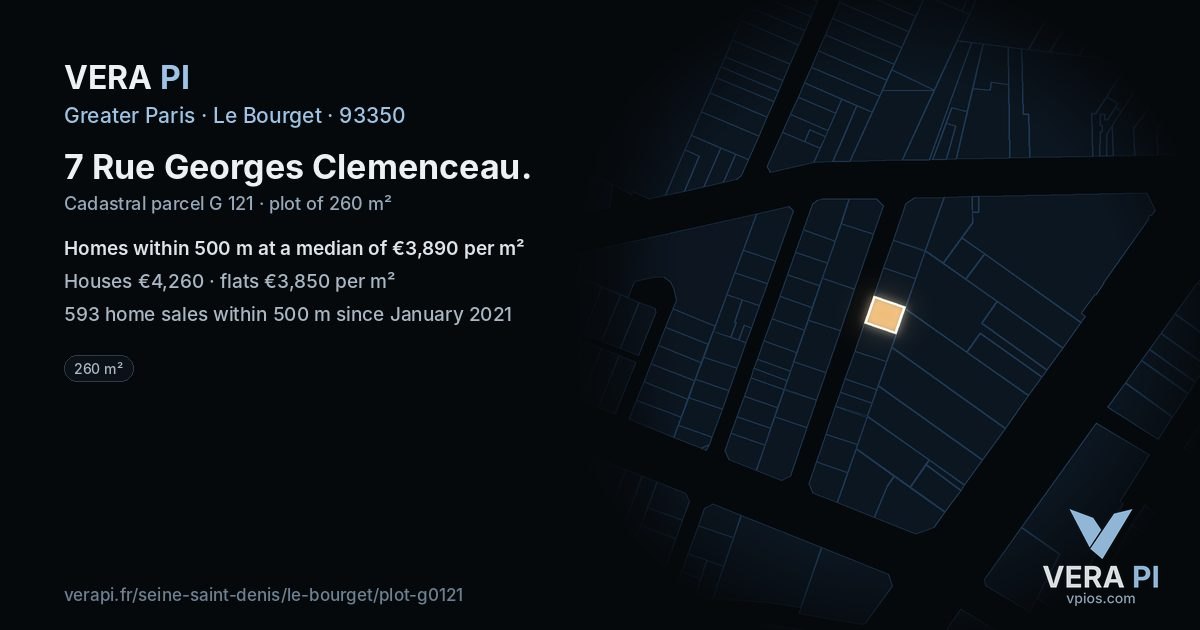 7 Rue Georges Clemenceau, Le Bourget at night – the plot lit, the parcels around coloured by the prices near them