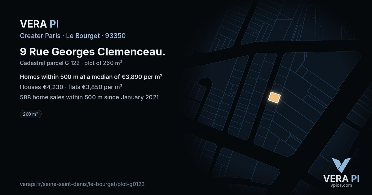 9 Rue Georges Clemenceau, Le Bourget at night – the plot lit, the parcels around coloured by the prices near them