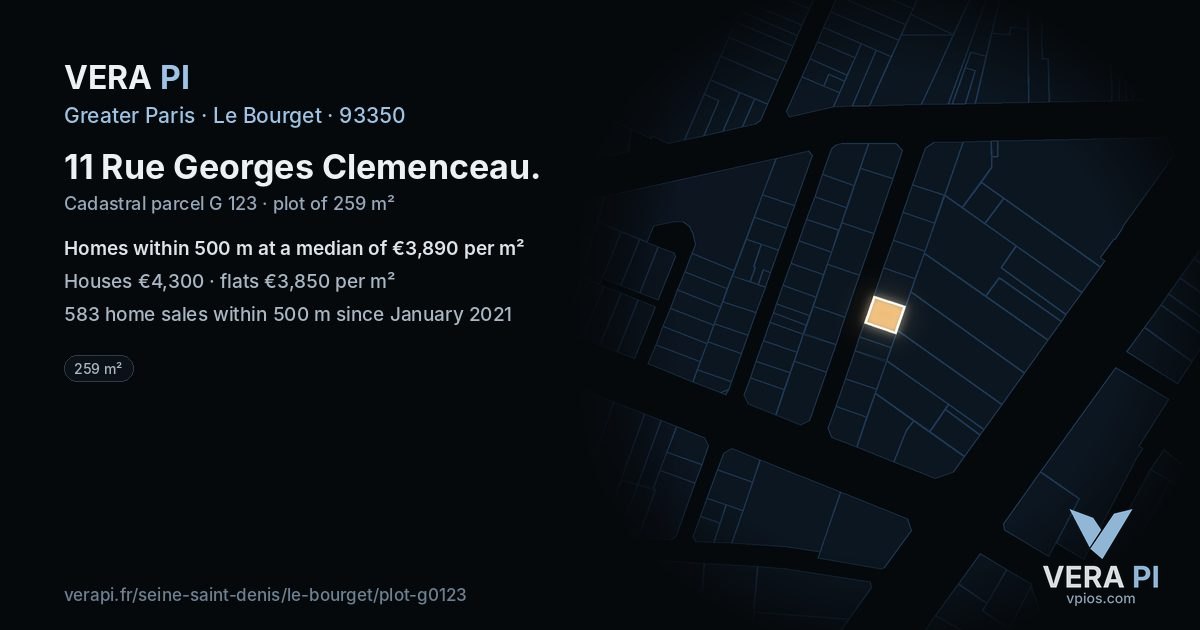 11 Rue Georges Clemenceau, Le Bourget at night – the plot lit, the parcels around coloured by the prices near them