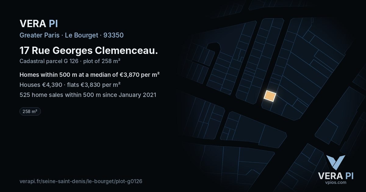 17 Rue Georges Clemenceau, Le Bourget at night – the plot lit, the parcels around coloured by the prices near them