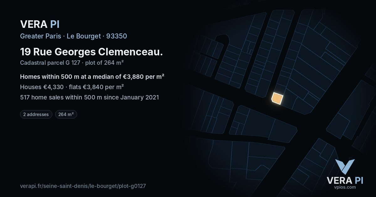 19 Rue Georges Clemenceau, Le Bourget at night – the plot lit, the parcels around coloured by the prices near them