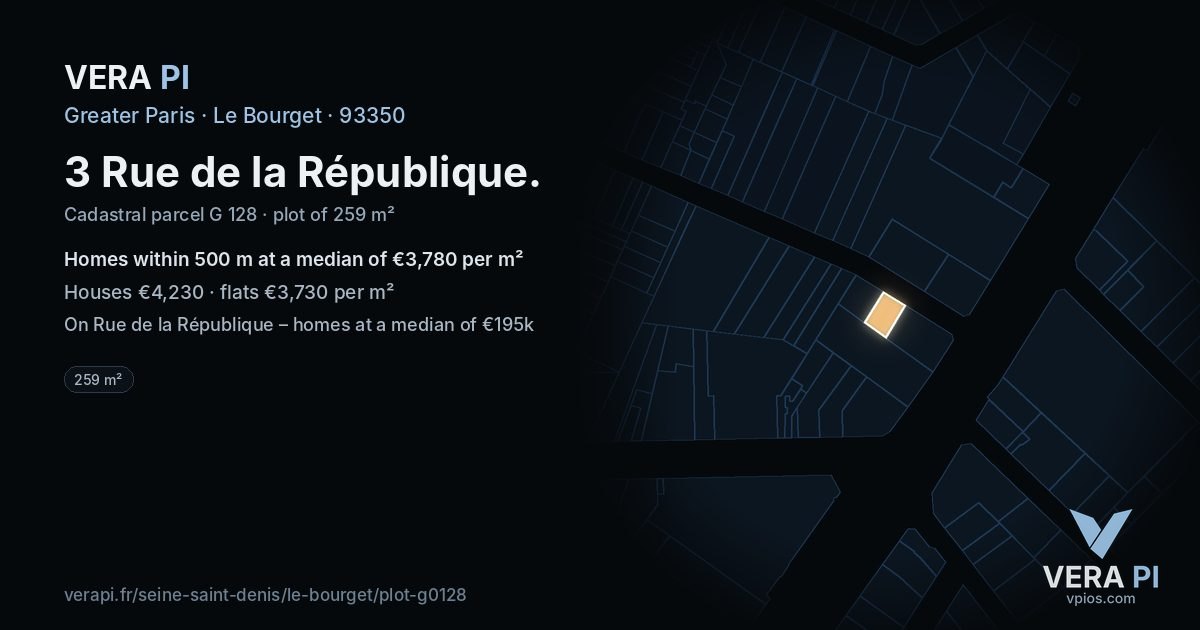 3 Rue de la République, Le Bourget at night – the plot lit, the parcels around coloured by the prices near them