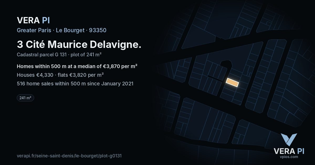 3 Cité Maurice Delavigne, Le Bourget at night – the plot lit, the parcels around coloured by the prices near them