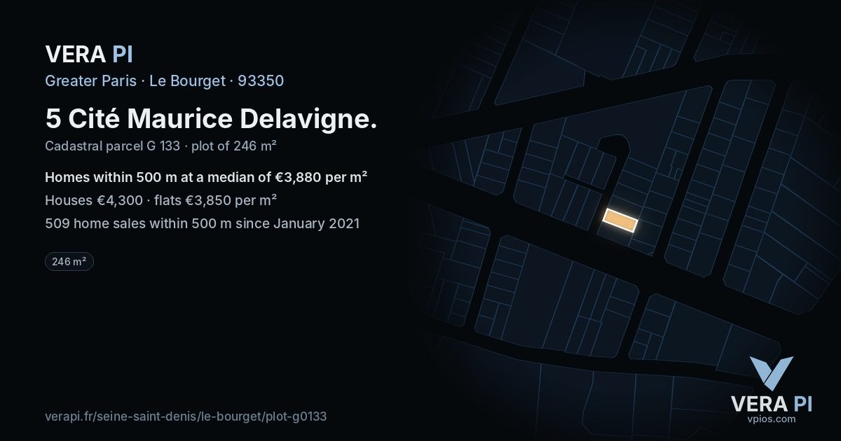 5 Cité Maurice Delavigne, Le Bourget at night – the plot lit, the parcels around coloured by the prices near them