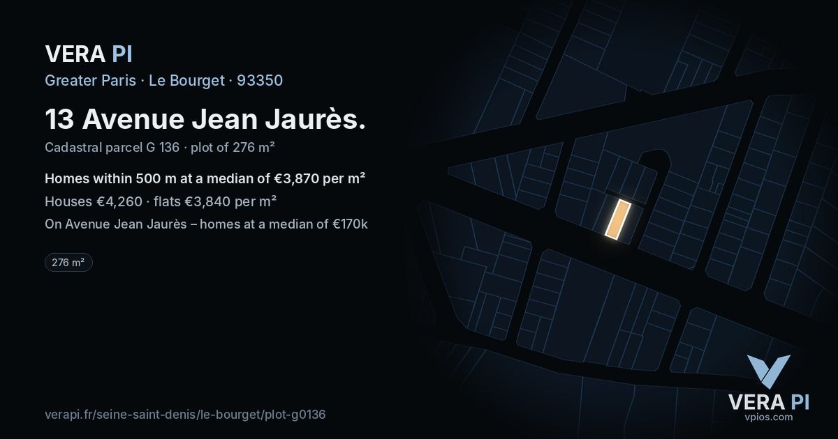 13 Avenue Jean Jaurès, Le Bourget at night – the plot lit, the parcels around coloured by the prices near them