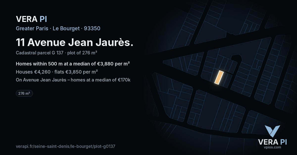 11 Avenue Jean Jaurès, Le Bourget at night – the plot lit, the parcels around coloured by the prices near them