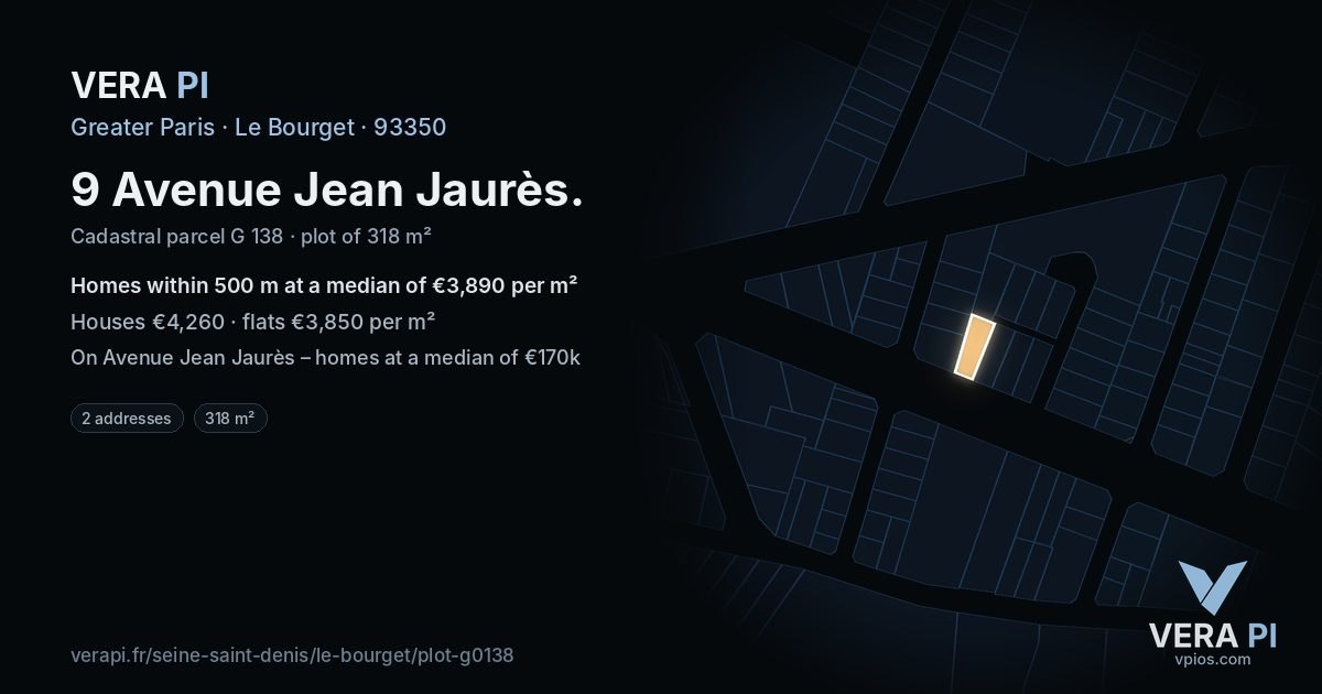9 Avenue Jean Jaurès, Le Bourget at night – the plot lit, the parcels around coloured by the prices near them