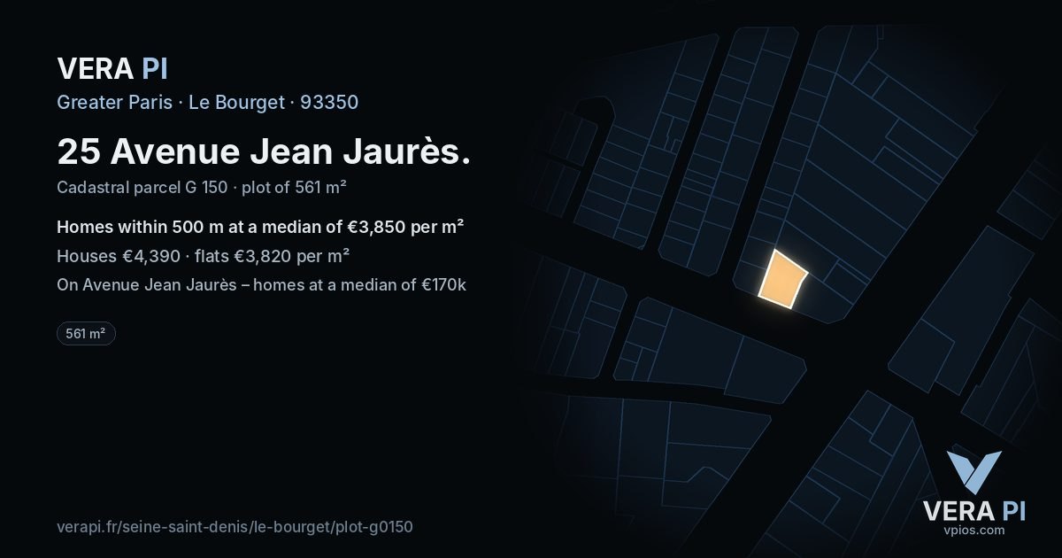 25 Avenue Jean Jaurès, Le Bourget at night – the plot lit, the parcels around coloured by the prices near them