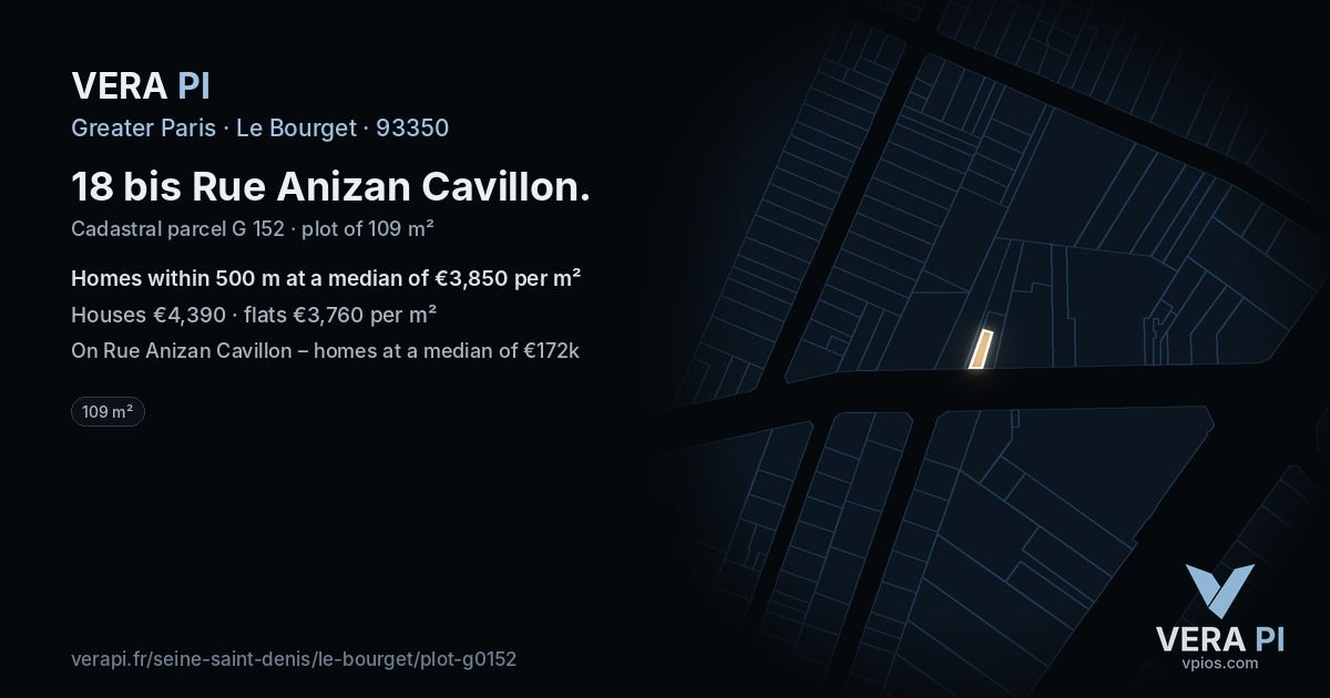 18 bis Rue Anizan Cavillon, Le Bourget at night – the plot lit, the parcels around coloured by the prices near them