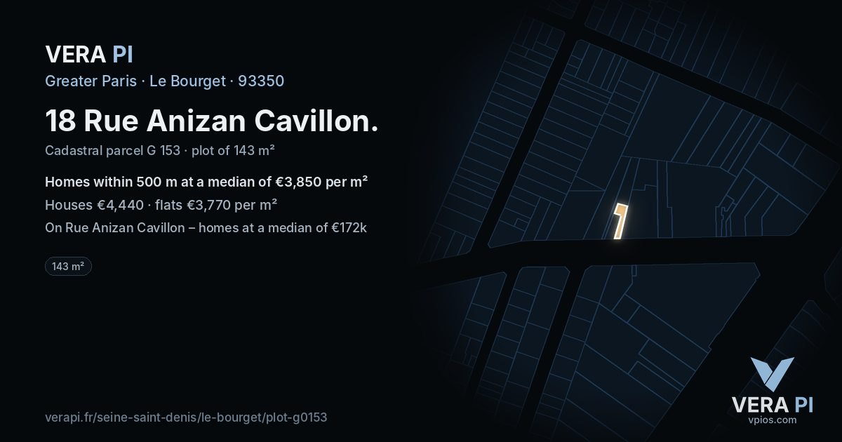 18 Rue Anizan Cavillon, Le Bourget at night – the plot lit, the parcels around coloured by the prices near them