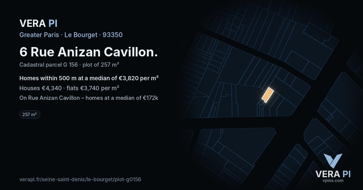 6 Rue Anizan Cavillon, Le Bourget at night – the plot lit, the parcels around coloured by the prices near them