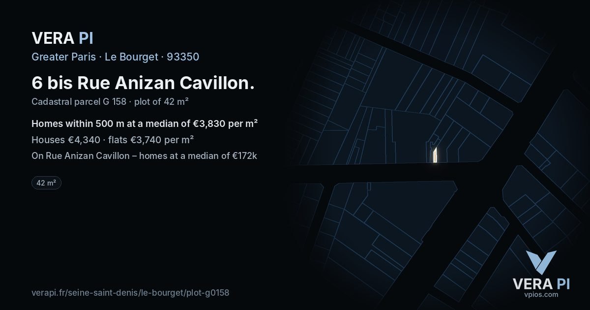6 bis Rue Anizan Cavillon, Le Bourget at night – the plot lit, the parcels around coloured by the prices near them
