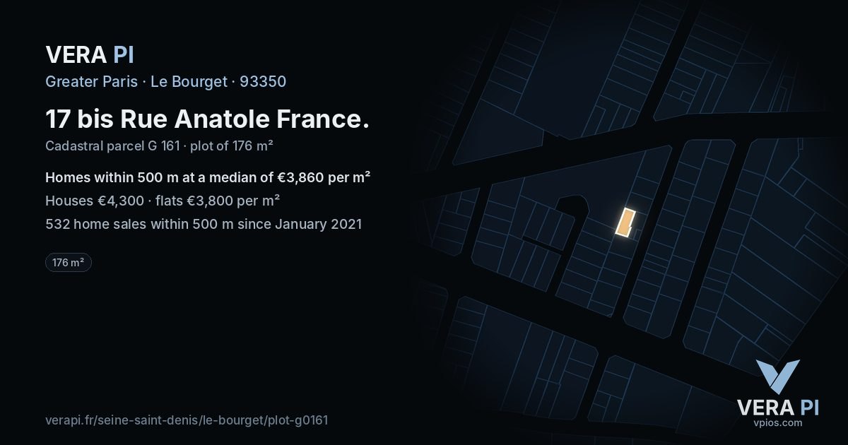 17 bis Rue Anatole France, Le Bourget at night – the plot lit, the parcels around coloured by the prices near them