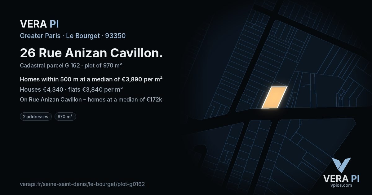 26 Rue Anizan Cavillon, Le Bourget at night – the plot lit, the parcels around coloured by the prices near them