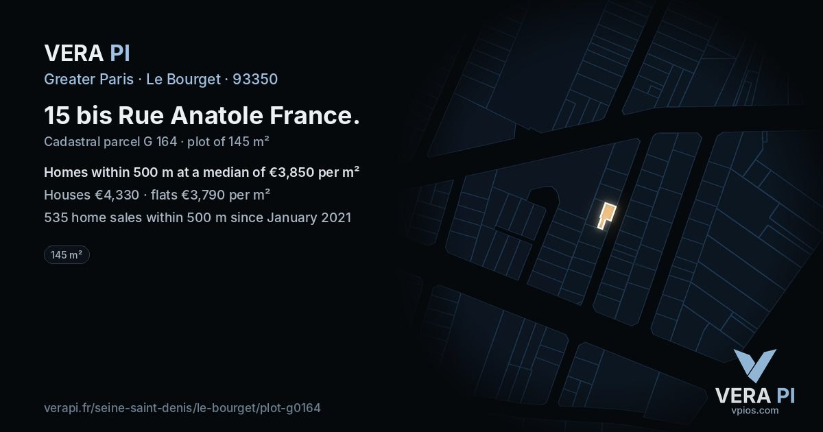 15 bis Rue Anatole France, Le Bourget at night – the plot lit, the parcels around coloured by the prices near them