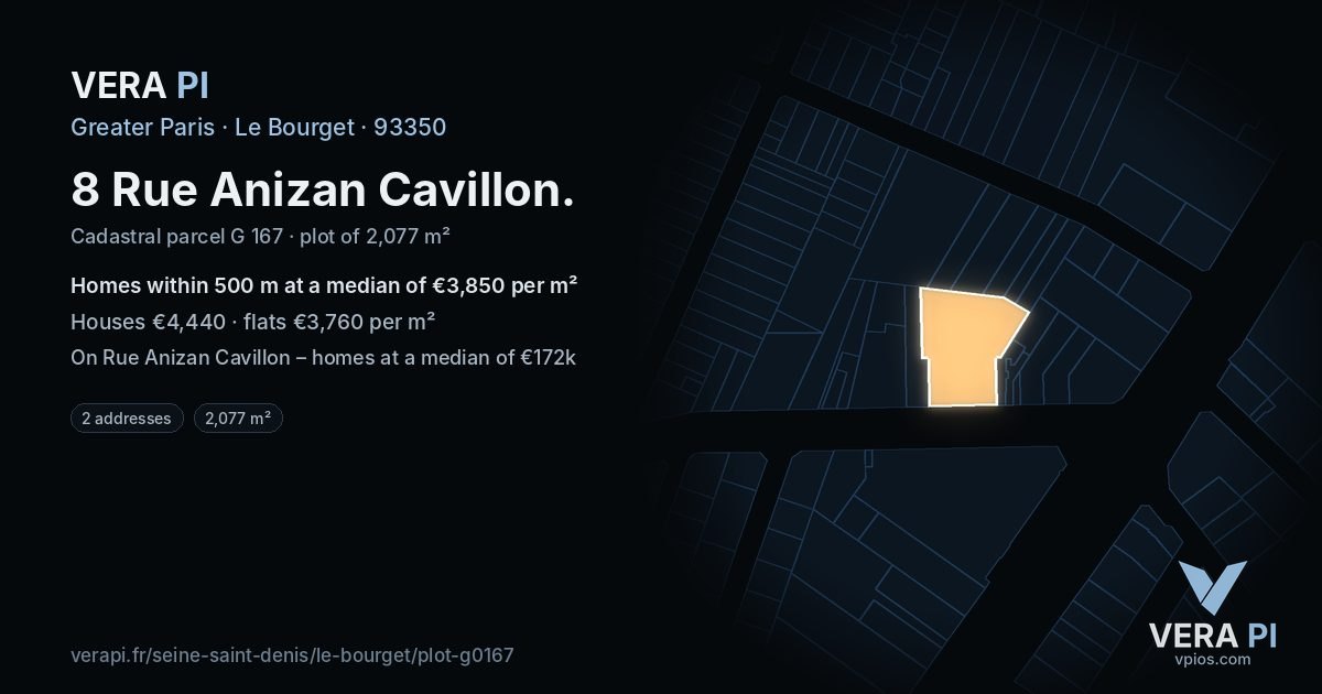 8 Rue Anizan Cavillon, Le Bourget at night – the plot lit, the parcels around coloured by the prices near them