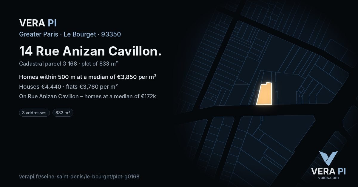 14 Rue Anizan Cavillon, Le Bourget at night – the plot lit, the parcels around coloured by the prices near them