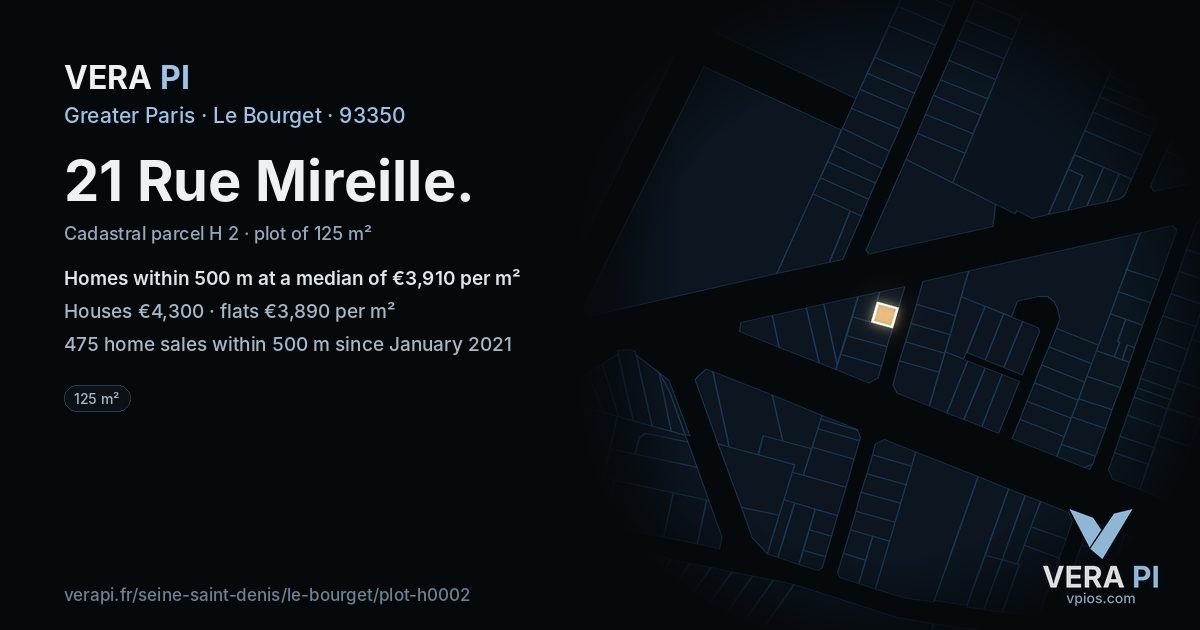 21 Rue Mireille, Le Bourget at night – the plot lit, the parcels around coloured by the prices near them