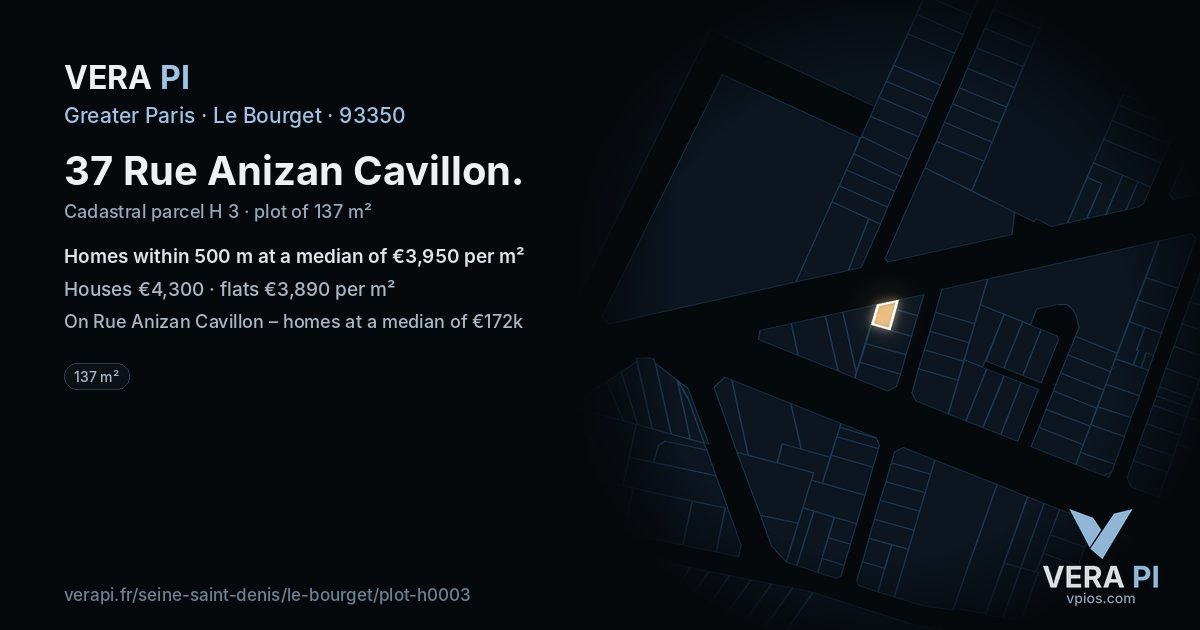 37 Rue Anizan Cavillon, Le Bourget at night – the plot lit, the parcels around coloured by the prices near them
