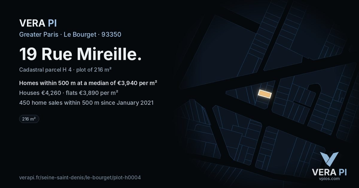 19 Rue Mireille, Le Bourget at night – the plot lit, the parcels around coloured by the prices near them