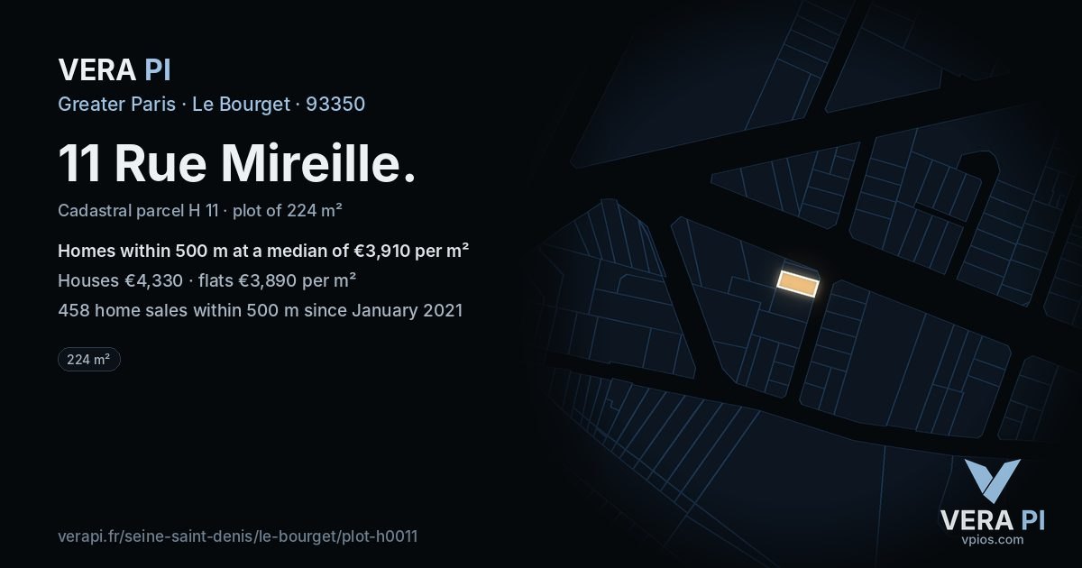11 Rue Mireille, Le Bourget at night – the plot lit, the parcels around coloured by the prices near them