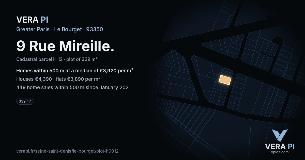 9 Rue Mireille, Le Bourget at night – the plot lit, the parcels around coloured by the prices near them