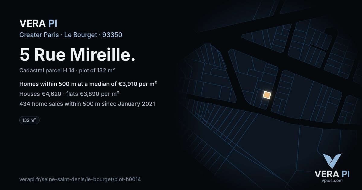 5 Rue Mireille, Le Bourget at night – the plot lit, the parcels around coloured by the prices near them