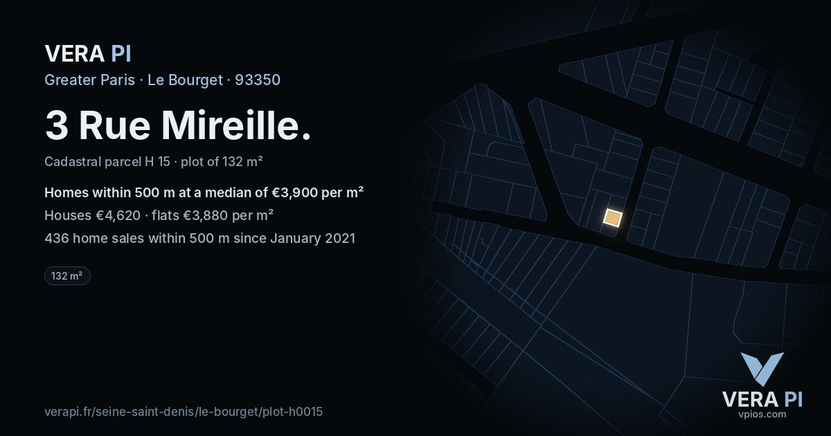 3 Rue Mireille, Le Bourget at night – the plot lit, the parcels around coloured by the prices near them