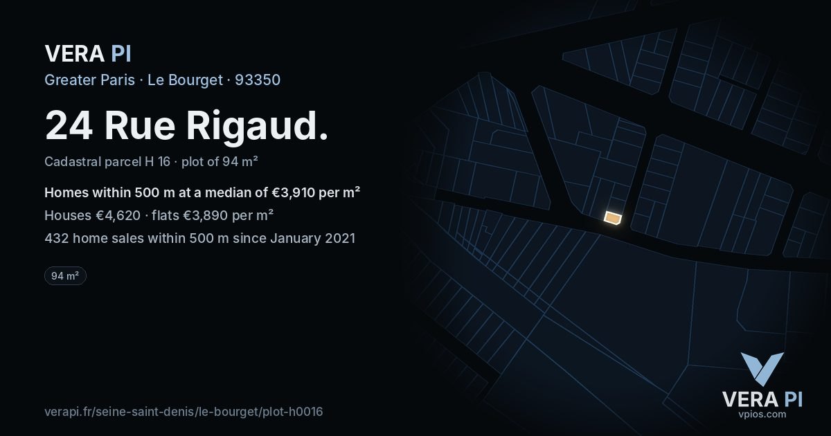 24 Rue Rigaud, Le Bourget at night – the plot lit, the parcels around coloured by the prices near them