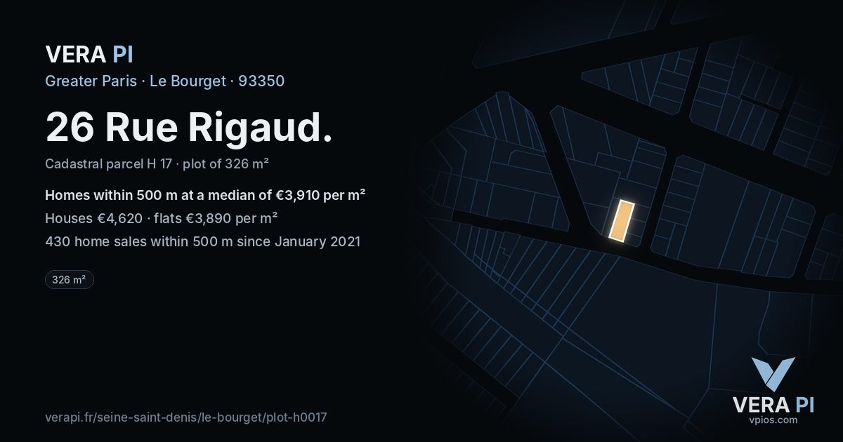 26 Rue Rigaud, Le Bourget at night – the plot lit, the parcels around coloured by the prices near them