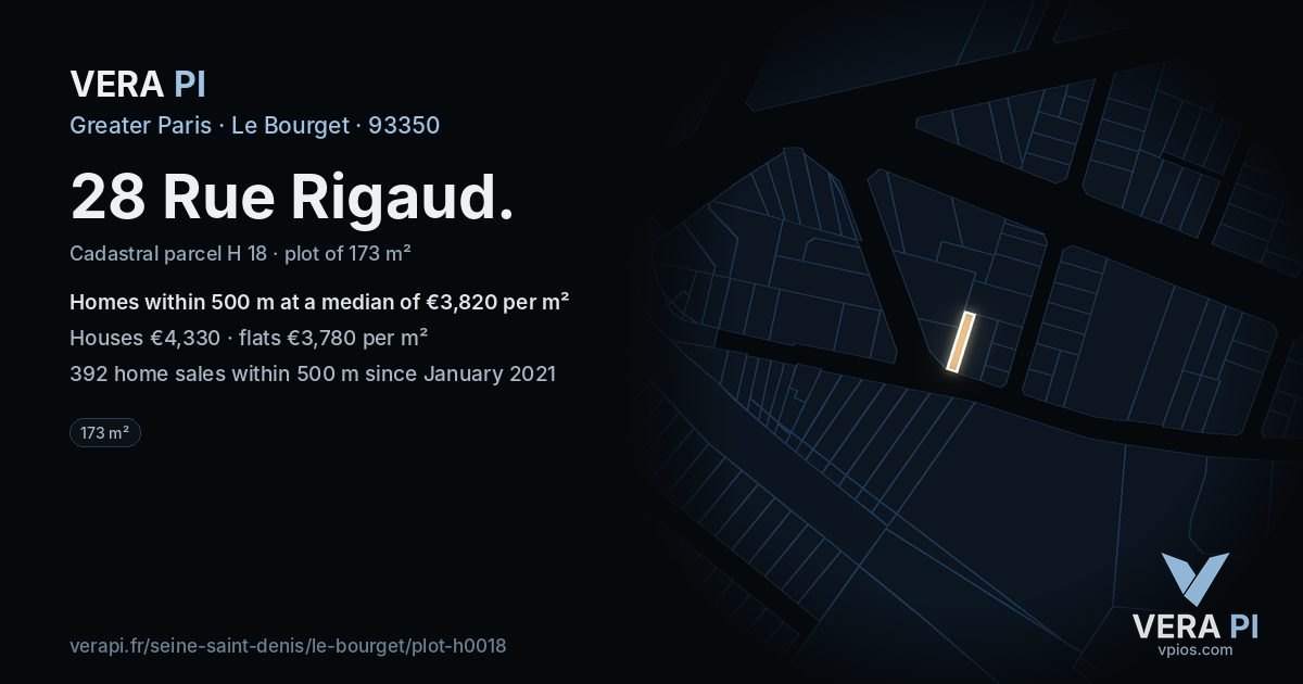 28 Rue Rigaud, Le Bourget at night – the plot lit, the parcels around coloured by the prices near them