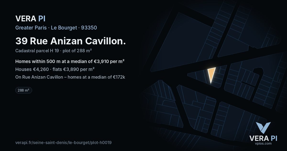 39 Rue Anizan Cavillon, Le Bourget at night – the plot lit, the parcels around coloured by the prices near them