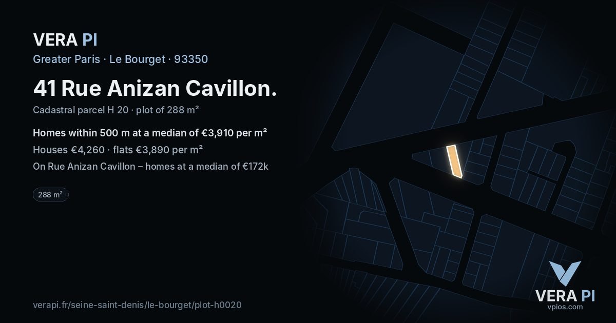 41 Rue Anizan Cavillon, Le Bourget at night – the plot lit, the parcels around coloured by the prices near them