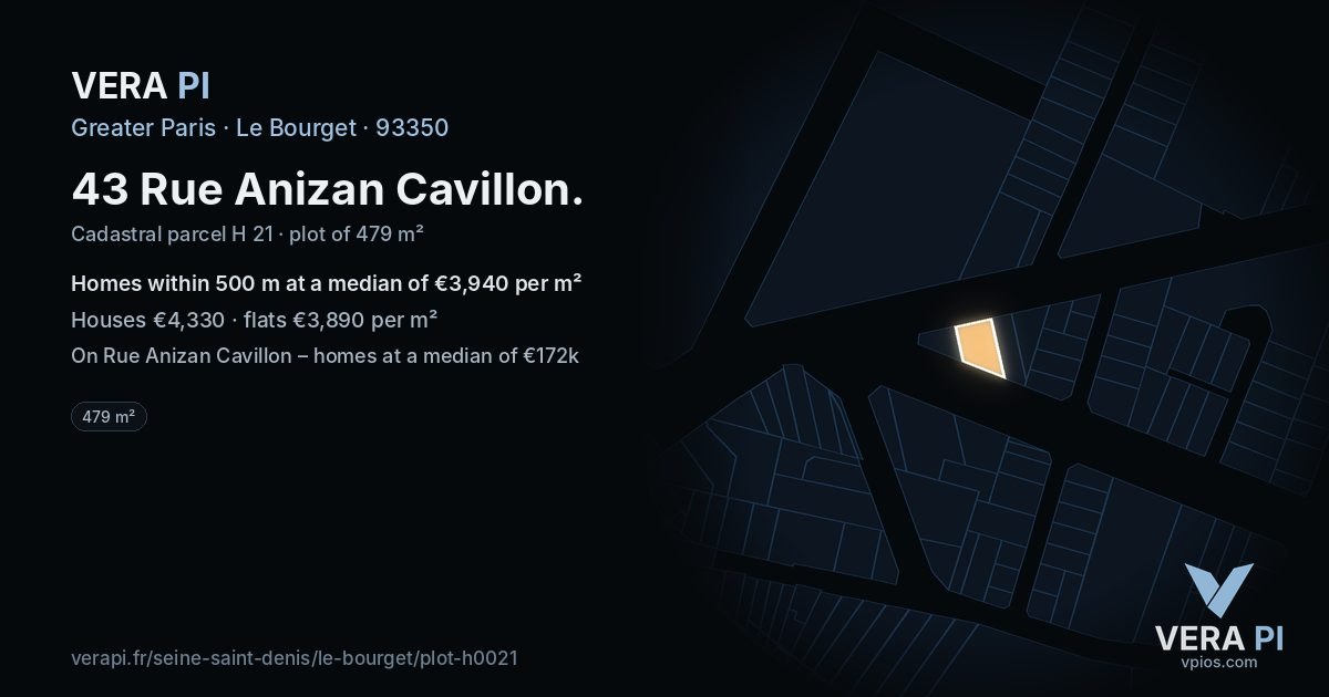 43 Rue Anizan Cavillon, Le Bourget at night – the plot lit, the parcels around coloured by the prices near them